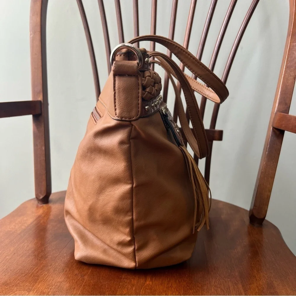Nicole Lee USA brown studded braided bag faux leather 14 x 11 x 5.5 inches